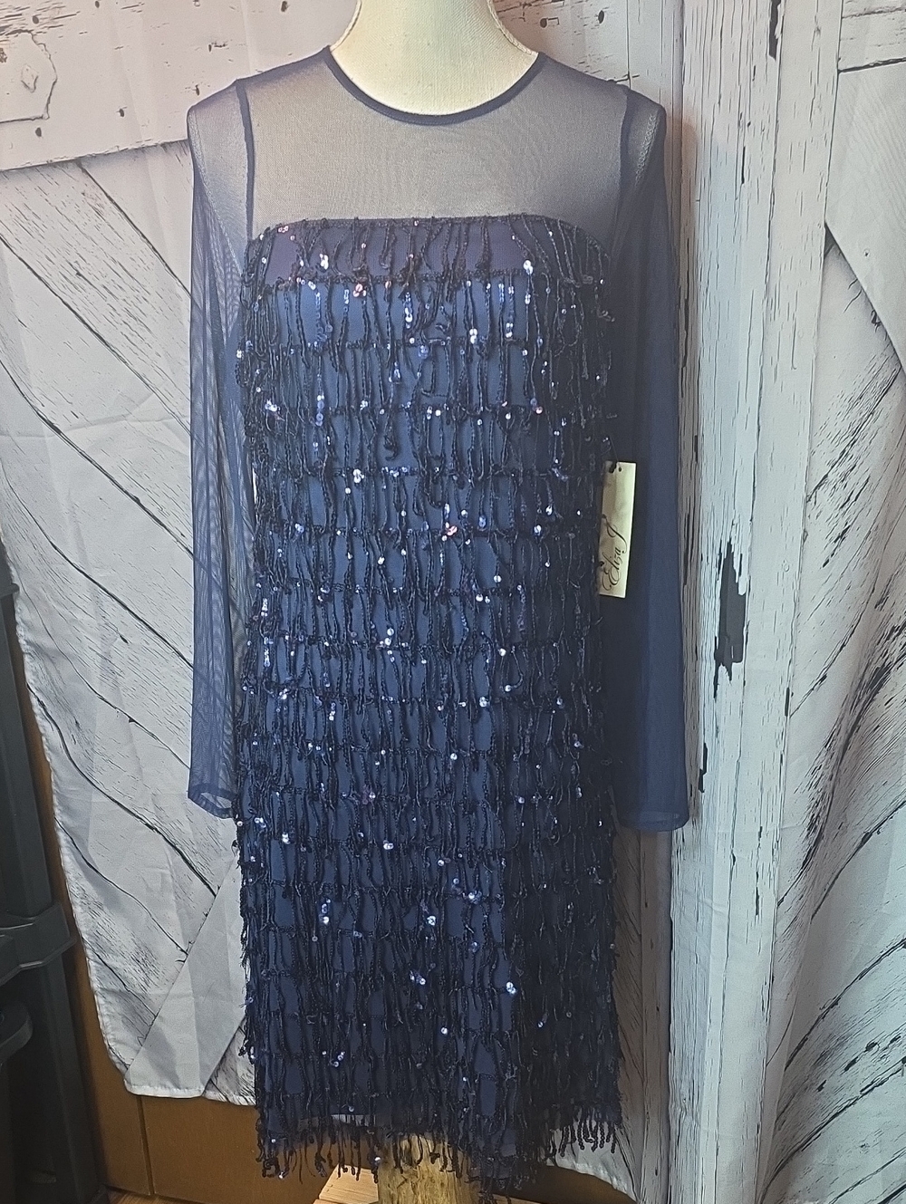 Eliza J Sequin Fringe Long Sleeve Cocktai Minil Dress Sequin  in Blue Size 8